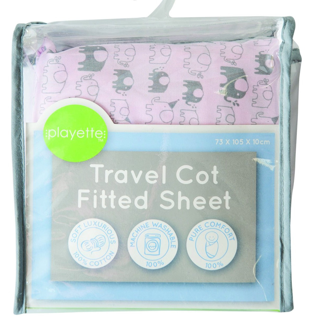 Playette Travel Cot Fitted Sheet - Pink, Printed Elephants