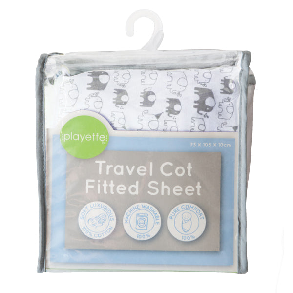 Playette Travel Cot Fitted Sheet - White, Printed Elephants