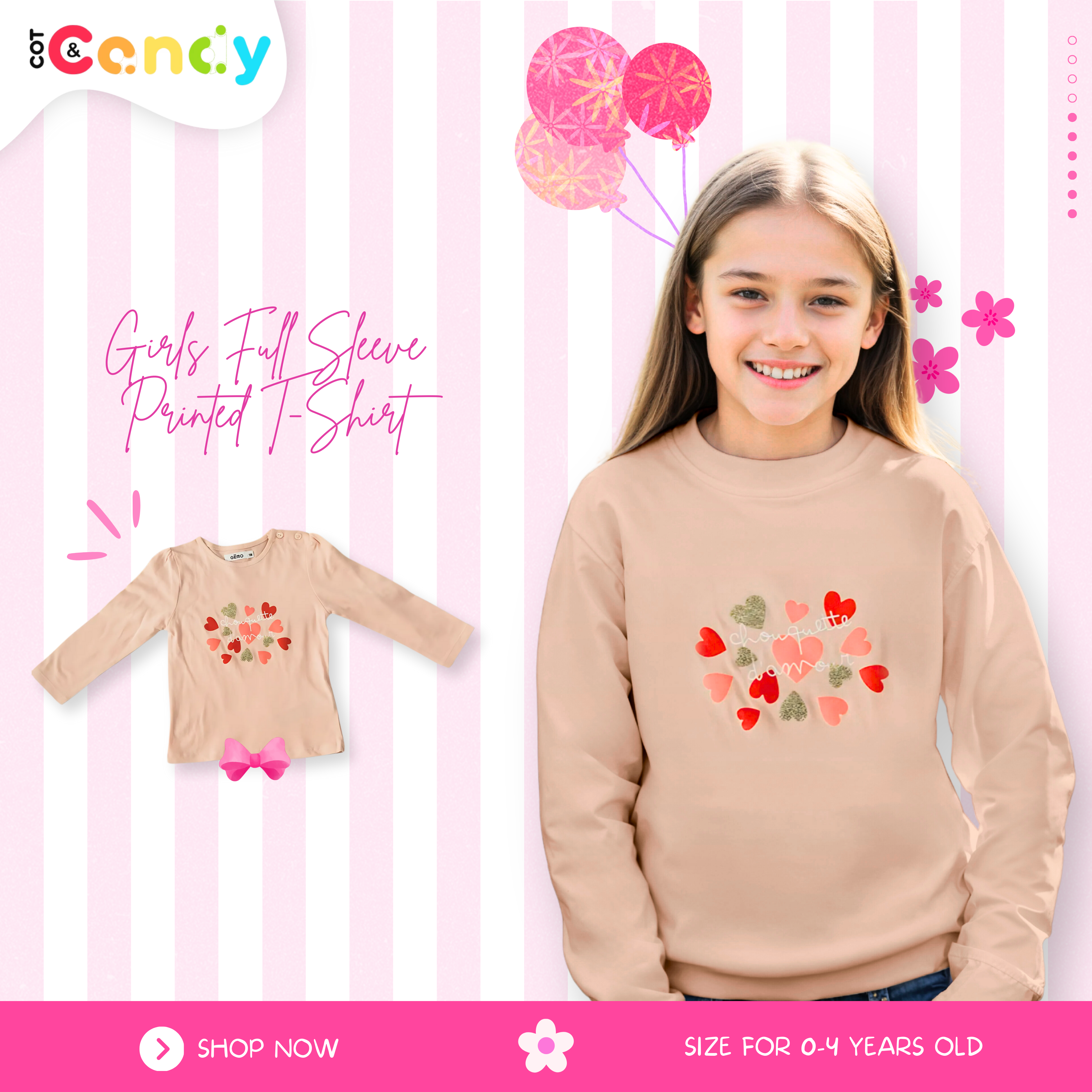 Baby Girls Long Sleeve Mini Hearts Printed T-Shirt
