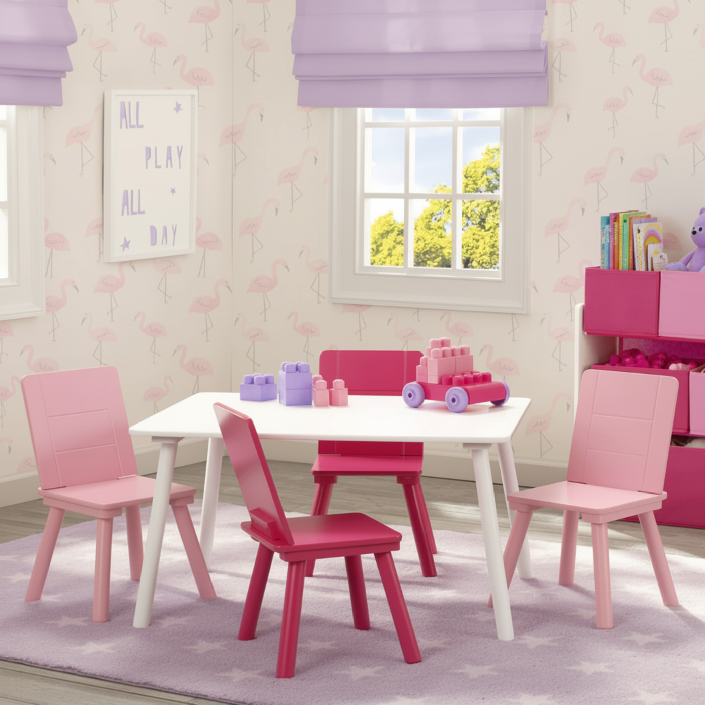 Playtime Children Table & 4 Chair Set (White & Pink)