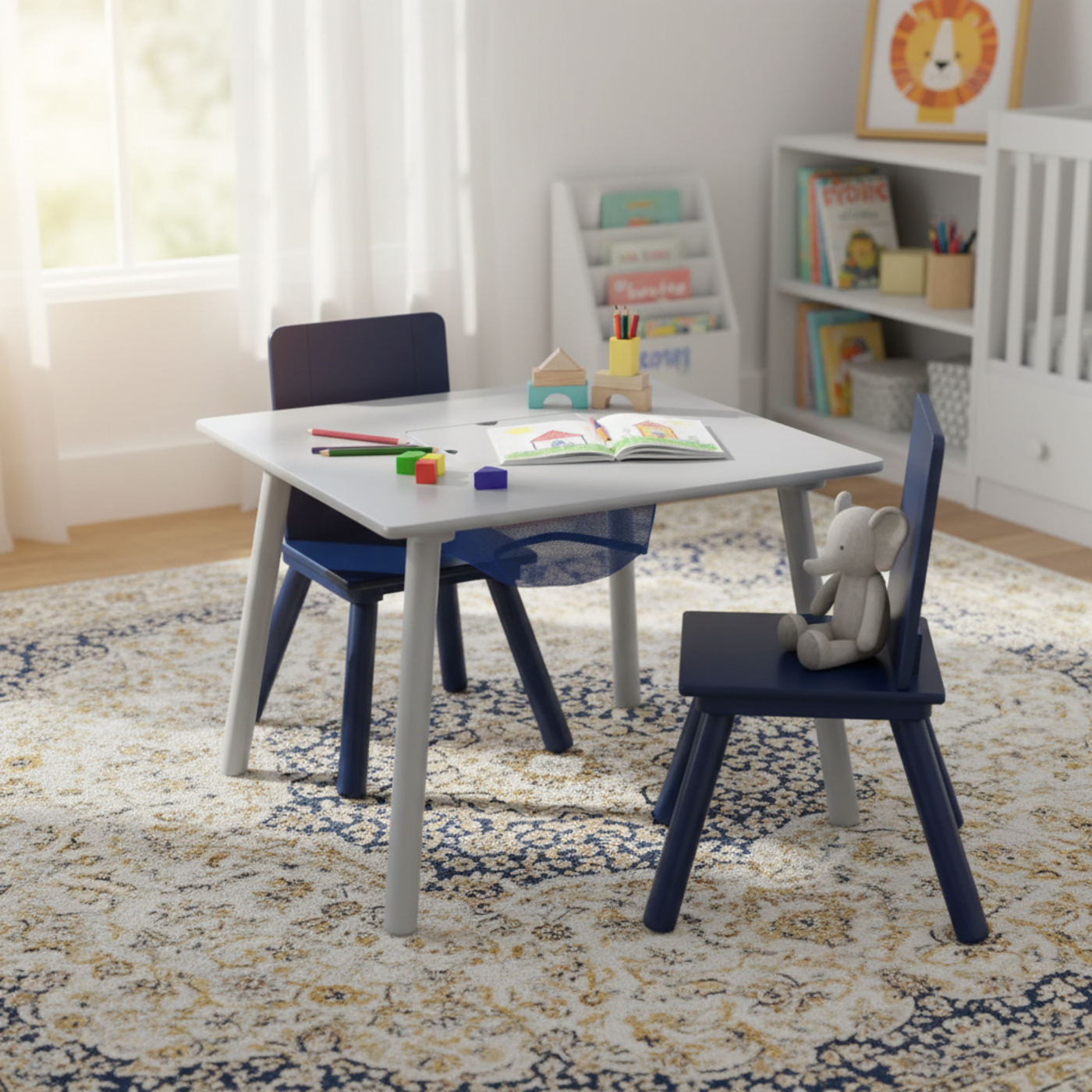 Delta Children Kids Table and Chair Set with Storage (2 Chairs Included) - Navy / Grey