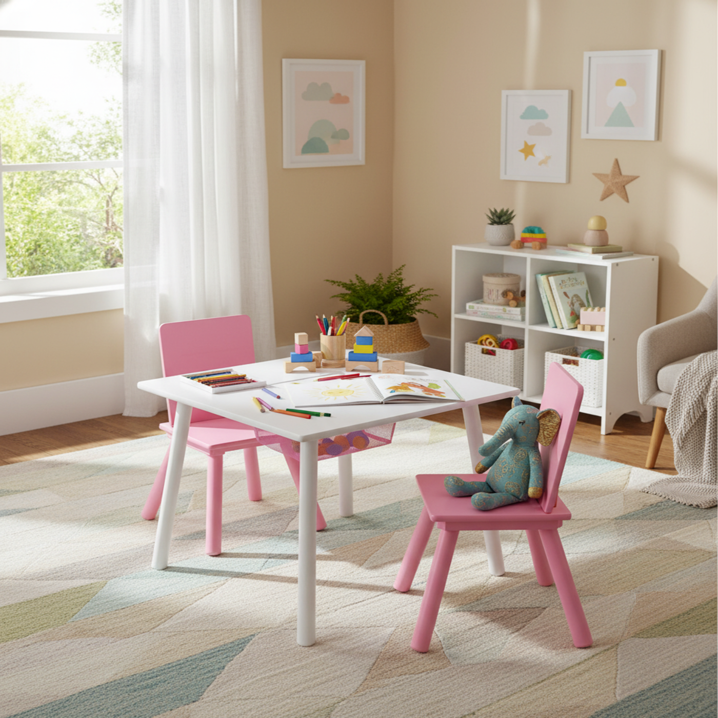 Delta Children Kids Table and Chair Set with Storage (2 Chairs Included) - White / Pink