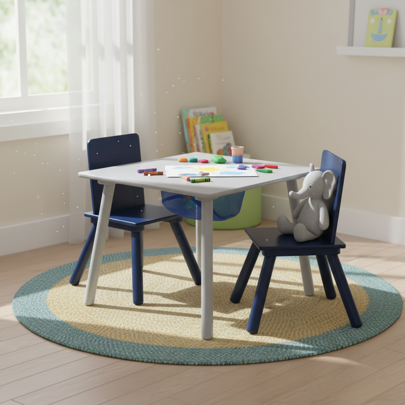 Delta Children Kids Table and Chair Set with Storage (2 Chairs Included) - Navy / Grey