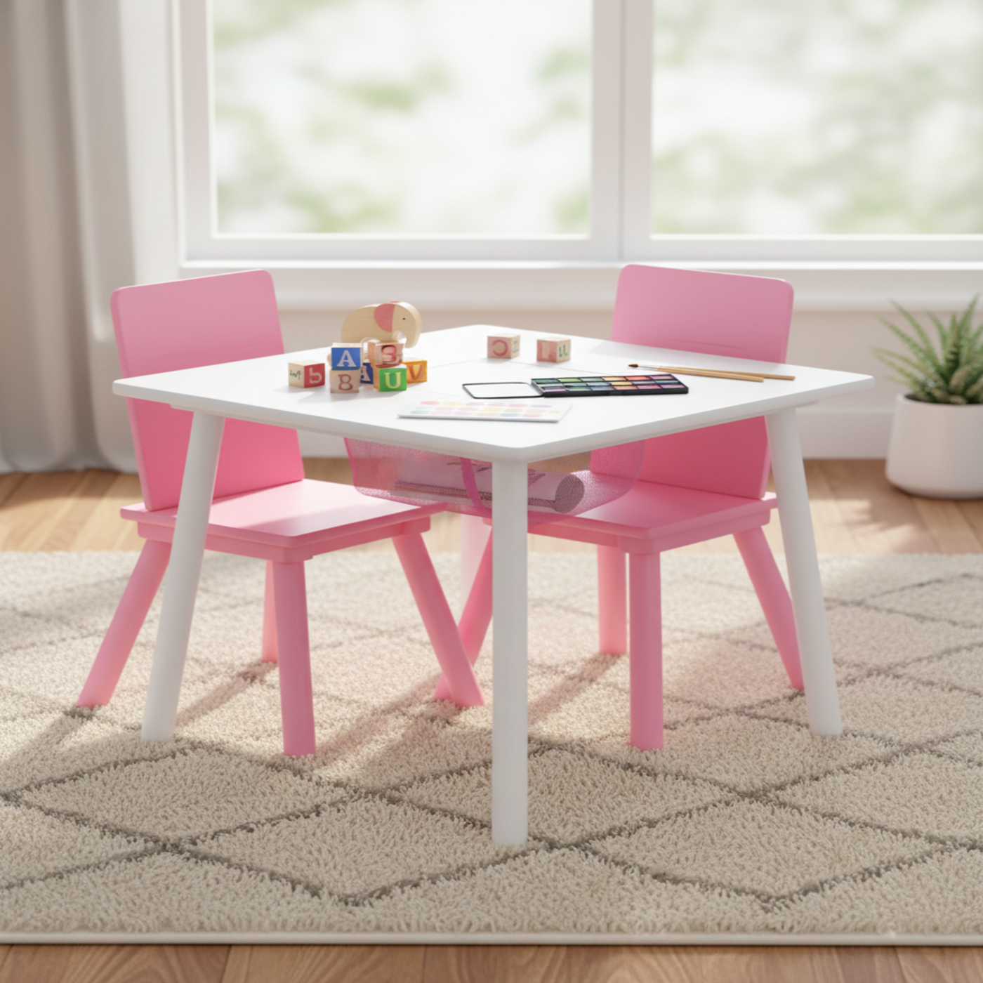 Delta Children Kids Table and Chair Set with Storage (2 Chairs Included) - White / Pink