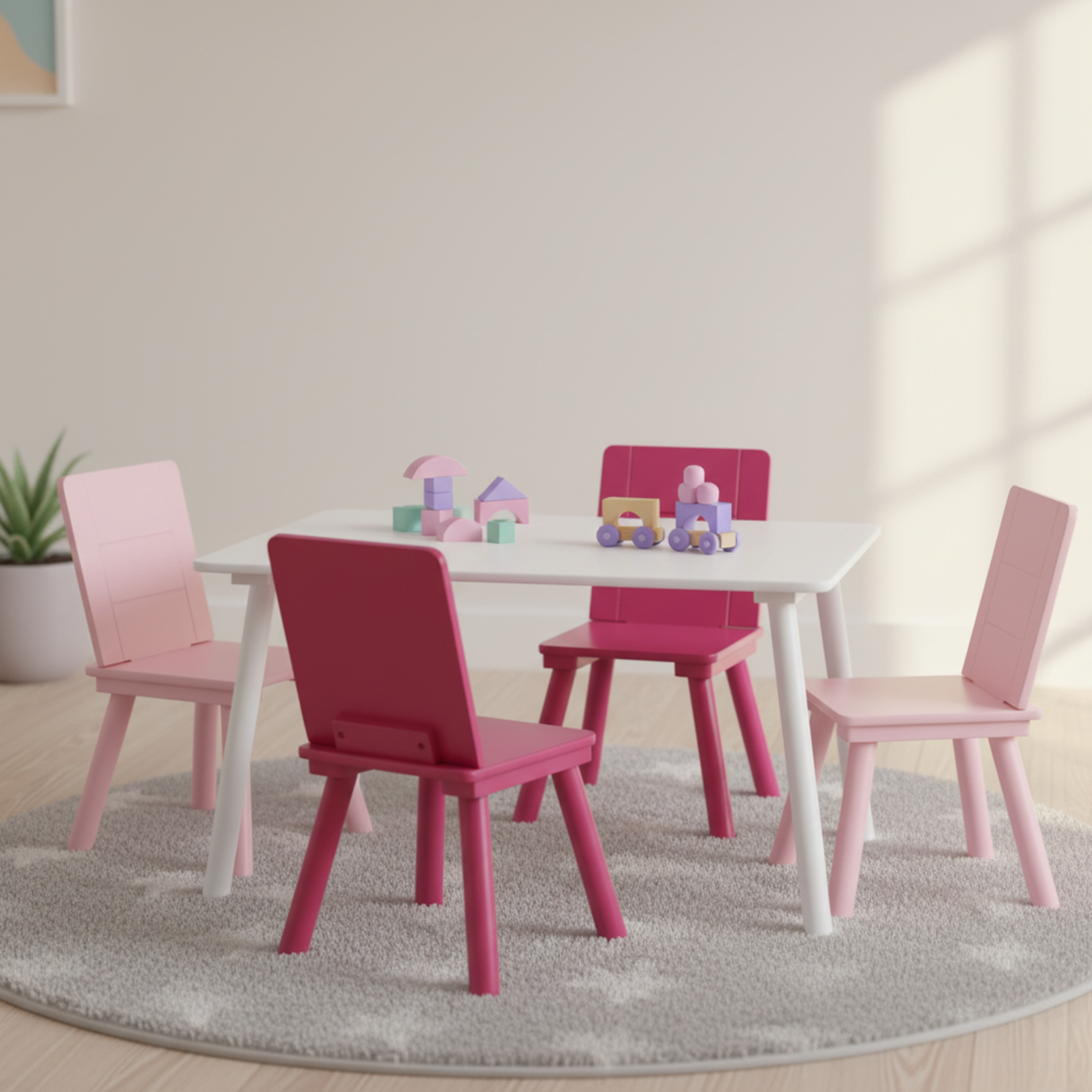 Playtime Children Table & 4 Chair Set (White & Pink)