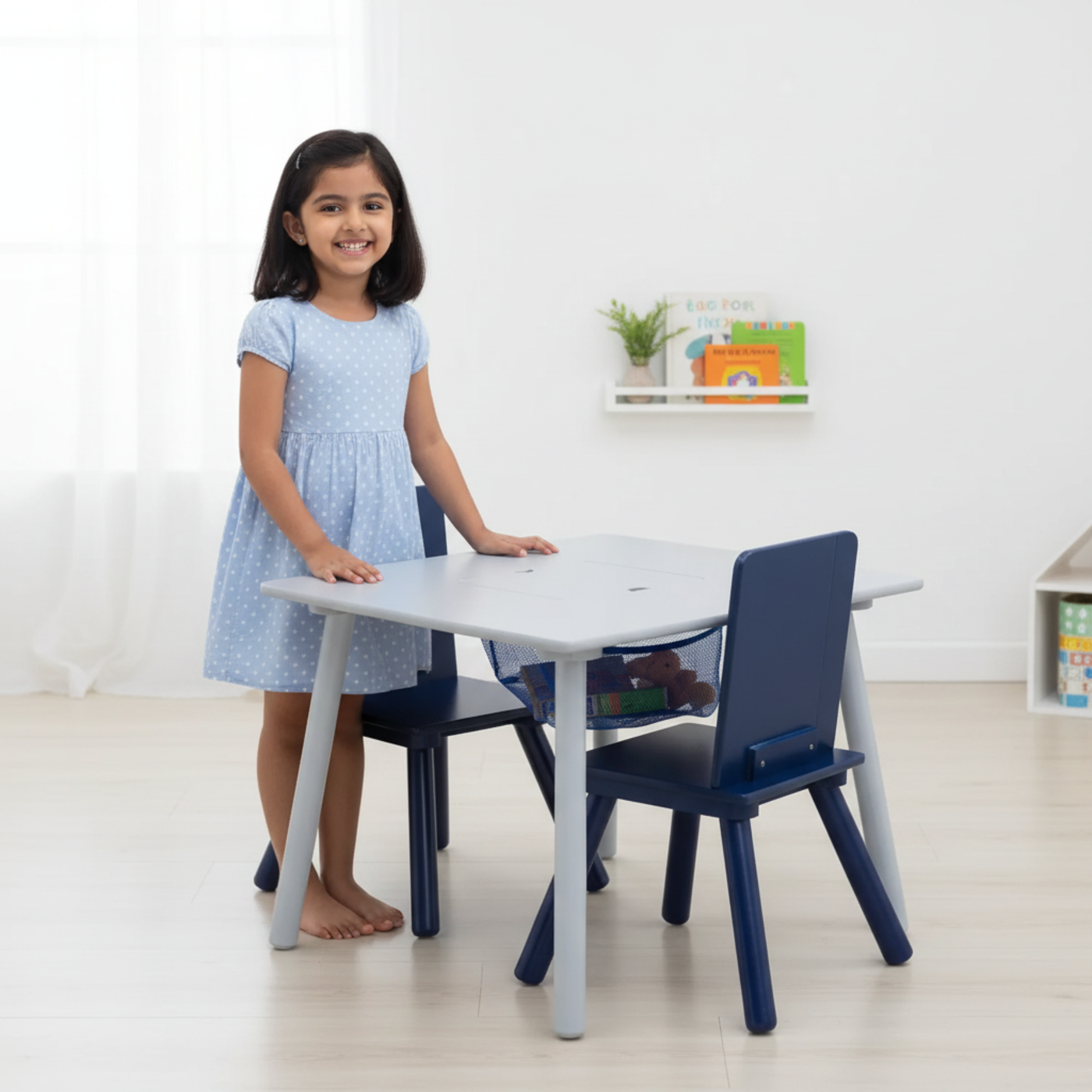 Delta Children Kids Table and Chair Set with Storage (2 Chairs Included) - Navy / Grey