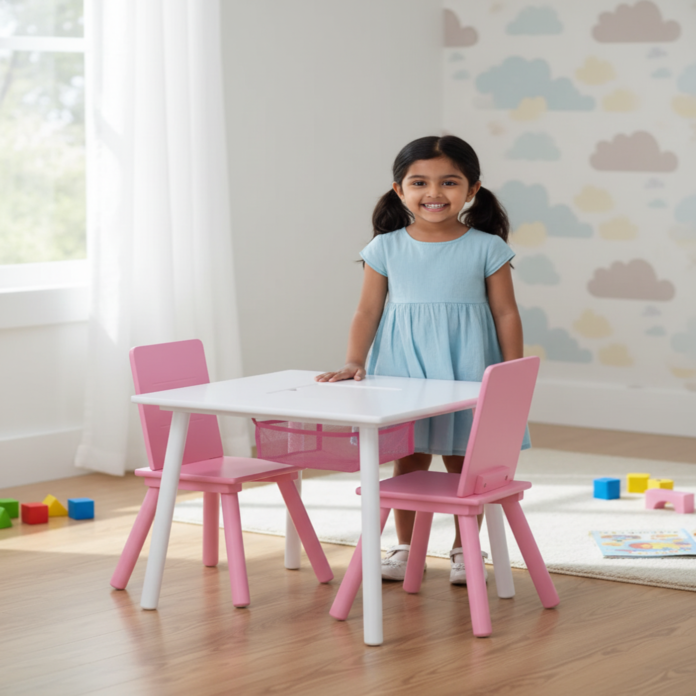 Delta Children Kids Table and Chair Set with Storage (2 Chairs Included) - White / Pink