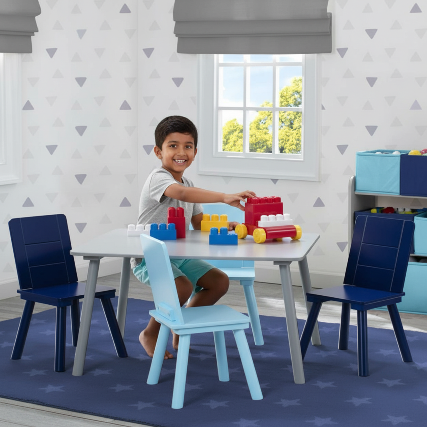 Playtime Children Table & 4 Chair Set (Grey & Blue)