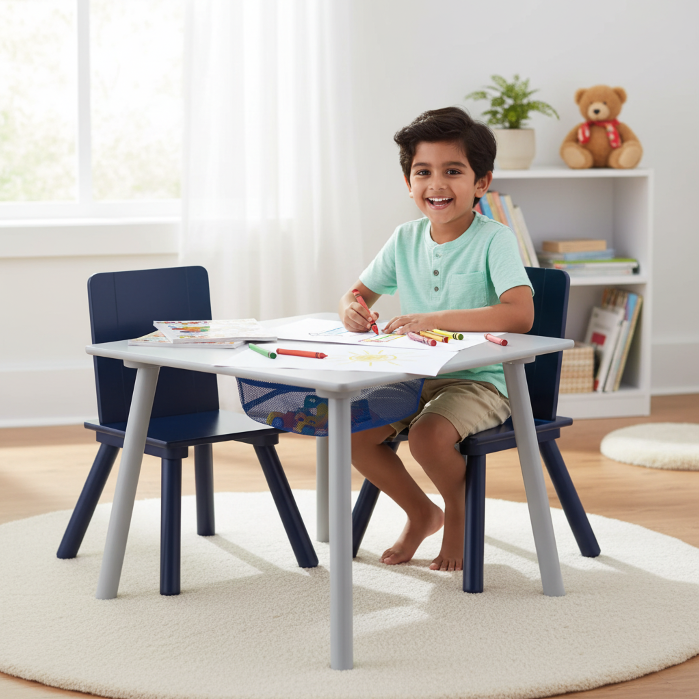 Delta Children Kids Table and Chair Set with Storage (2 Chairs Included) - Navy / Grey