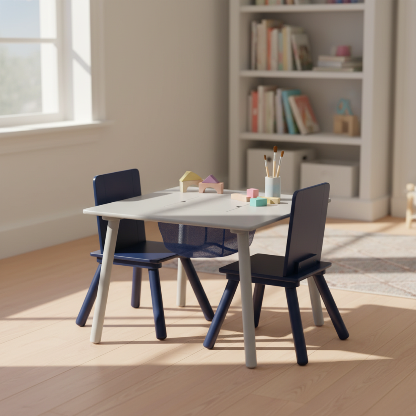 Delta Children Kids Table and Chair Set with Storage (2 Chairs Included) - Navy / Grey