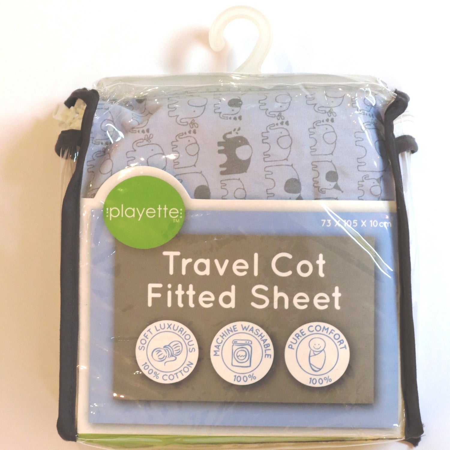 Playette Travel Cot Fitted Sheet - Blue, Printed Elephants