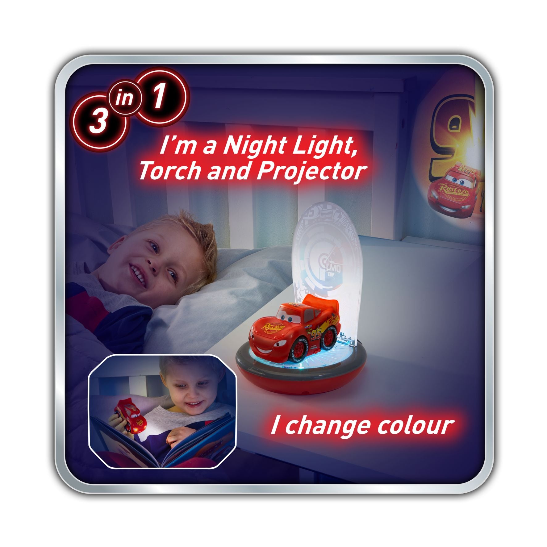 Disney Cars Lightning Mcqueen 3-in-1 Magic Bedside Night Light, Torch And Projector